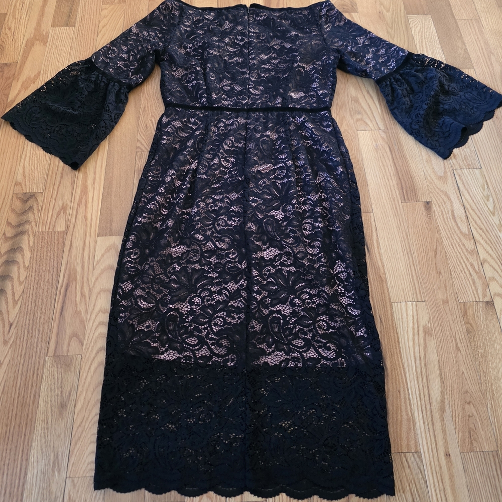 DuJour Black Lace Midi Dress with Bell Sleeves